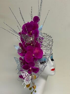 Kentucky Derby Oaks Elegant Fuchsia Orchid Fascinator with Silver Accents